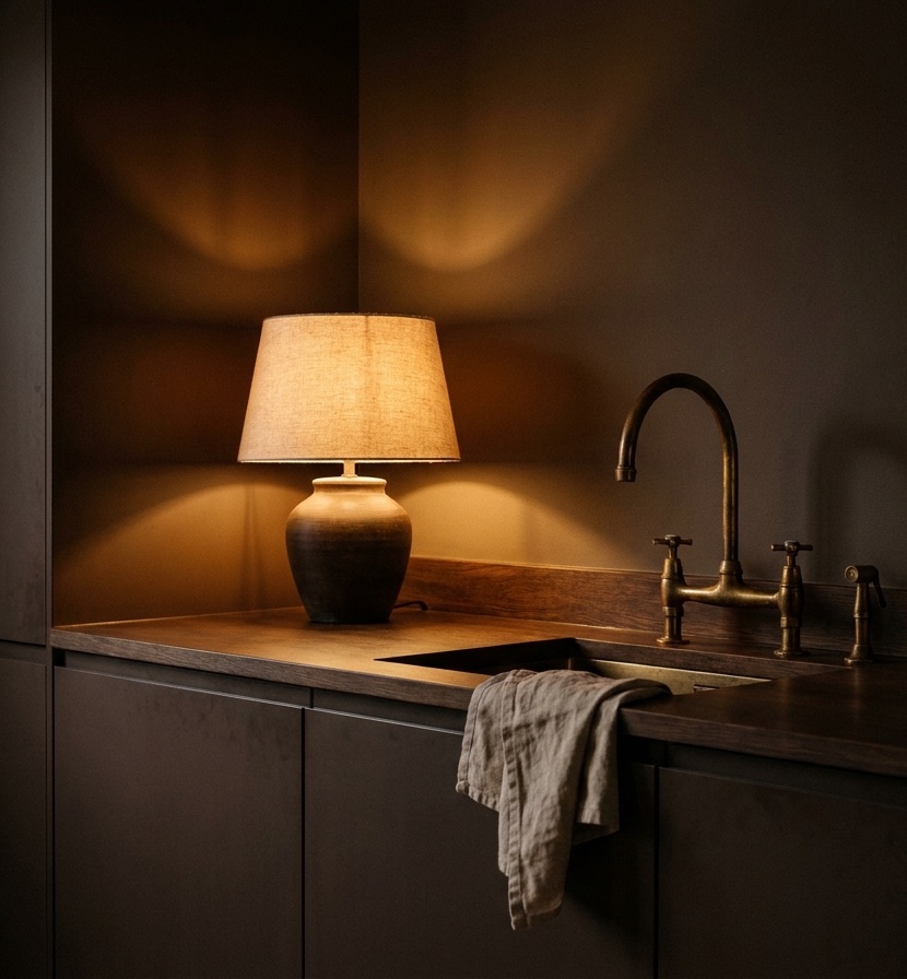 A just-finished room lit by a single warm lamp.